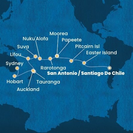 Chile, Zámořské území Velké Británie, Francouzská Polynésie, Cookovy ostrovy, Tonga, Fidži, Nová Kaledonie, Nový Zéland, Austrálie ze San Antonio na lodi Costa Deliziosa