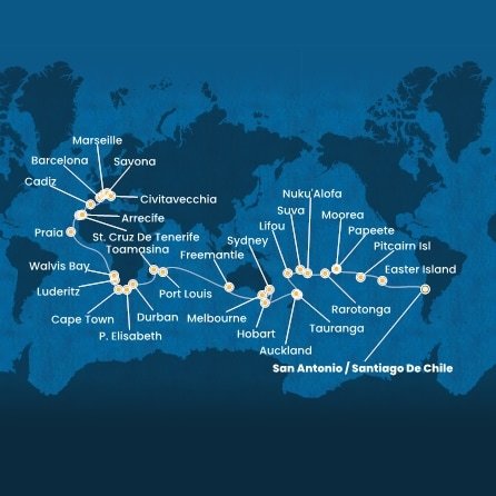 Chile, Zámořské území Velké Británie, Francouzská Polynésie, Cookovy ostrovy, Tonga, Fidži, Nová Kaledonie, Nový Zéland, Austrálie, Mauricius, Madagaskar, Jihoafrická republika, Namibie, Kapverdy, Španělsko, Francie, Itálie ze San Antonio na lodi Costa Deliziosa