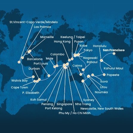 USA, Francouzská Polynésie, Fidži, Nová Kaledonie, Austrálie, , Papua Nová Guinea, Japonsko, Jižní Korea, Tchaj-wan, Čína, Vietnam, Thajsko, Singapur, Malajsie, Srí Lanka, Maledivy, Mauricius, Jihoafrická republika, Namibie, Kapverdy, Španělsko, Francie ze San Francisca na lodi Costa Deliziosa