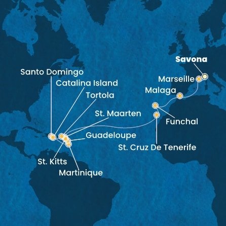 Itálie, Francie, Španělsko, Portugalsko, Svatý Martin, Martinik, Guadeloupe, Svatý Kryštof a Nevis, Britské Panenské ostrovy, Dominikánská republika ze Savony na lodi Costa Fascinosa