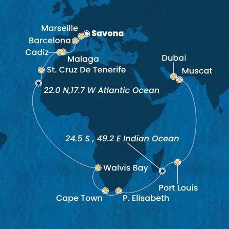 Itálie, Francie, Španělsko, Namibie, Jihoafrická republika, , Mauricius, Omán, Spojené arabské emiráty ze Savony na lodi Costa Toscana