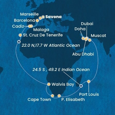 Itálie, Francie, Španělsko, Namibie, Jihoafrická republika, , Mauricius, Omán, Spojené arabské emiráty, Katar ze Savony na lodi Costa Toscana