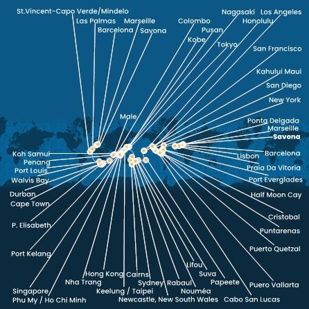 Itálie, Francie, Španělsko, Portugalsko, USA, , Panama, Kostarika, Guatemala, Mexiko, Francouzská Polynésie, Fidži, Nová Kaledonie, Austrálie, Papua Nová Guinea, Japonsko, Jižní Korea, Tchaj-wan, Čína, Vietnam, Thajsko, Singapur, Malajsie, Srí Lanka, Maledivy, Mauricius, Jihoafrická republika, Namibie, Kapverdy ze Savony na lodi Costa Deliziosa