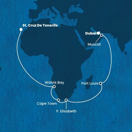 Španělsko, Namibie, Jihoafrická republika, Mauricius, Omán, Spojené arabské emiráty z Tenerife na lodi Costa Smeralda