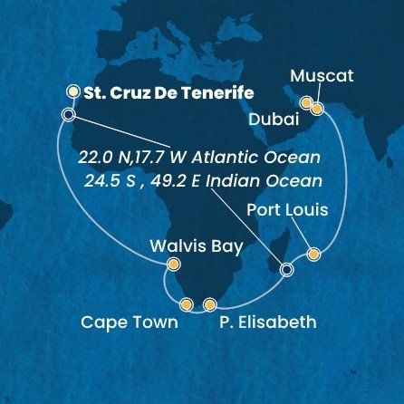 Španělsko, Namibie, Jihoafrická republika, , Mauricius, Omán, Spojené arabské emiráty z Tenerife na lodi Costa Smeralda