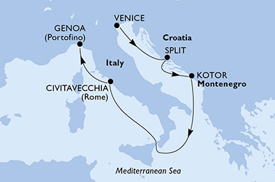 Itálie, Chorvatsko, Černá Hora z Benátek na lodi MSC Sinfonia