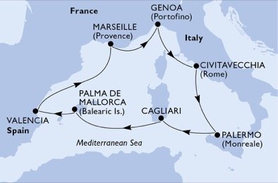 Itálie, Španělsko, Francie z Palerma na lodi MSC Seaview