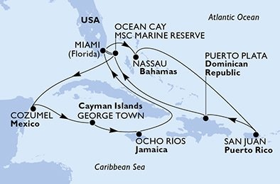 USA, Bahamy, Dominikánská republika, Mexiko, Kajmanské ostrovy, Jamajka z Miami na lodi MSC Seascape