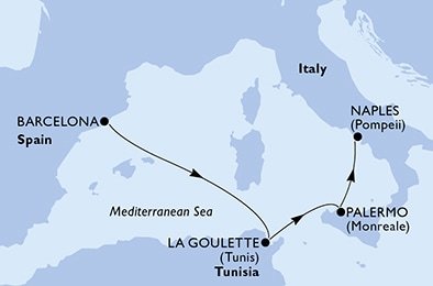 Španělsko, Tunisko, Itálie z Barcelony na lodi MSC Grandiosa