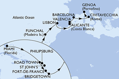 USA, Britské Panenské ostrovy, Antigua a Barbuda, Svatý Martin, Martinik, Barbados, Portugalsko, Španělsko, Itálie z Miami na lodi MSC Magnifica