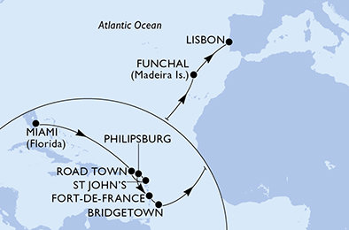 USA, Britské Panenské ostrovy, Antigua a Barbuda, Svatý Martin, Martinik, Barbados, Portugalsko z Miami na lodi MSC Magnifica