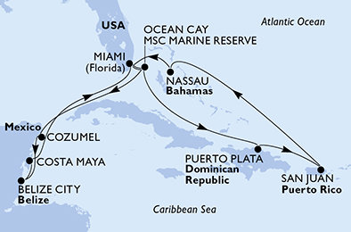 USA, Bahamy, Dominikánská republika, Mexiko, Belize z Miami na lodi MSC Seaside