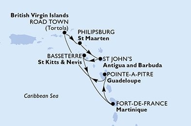 Martinik, Guadeloupe, Britské Panenské ostrovy, Svatý Martin, Antigua a Barbuda, Svatý Kryštof a Nevis z Fort-de-France, Martinik na lodi MSC Virtuosa