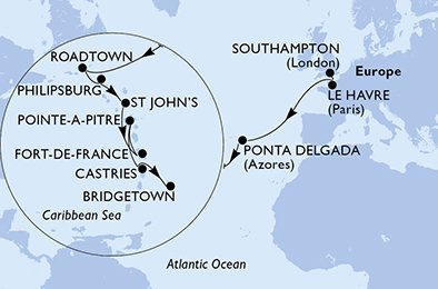 Velká Británie, Francie, Portugalsko, Britské Panenské ostrovy, Svatý Martin, Antigua a Barbuda, Martinik, Guadeloupe, Svatá Lucie, Barbados ze Southamptonu na lodi MSC Virtuosa