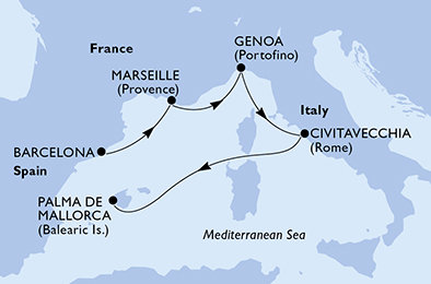 Španělsko, Francie, Itálie z Barcelony na lodi MSC Seaview