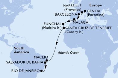 Itálie, Francie, Španělsko, Portugalsko, Brazílie z Janova na lodi MSC Grandiosa