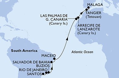 Brazílie, Španělsko, Maroko ze Santosu na lodi MSC Grandiosa