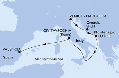 Itálie, Chorvatsko, Černá Hora, Španělsko z Benátek na lodi MSC Lirica