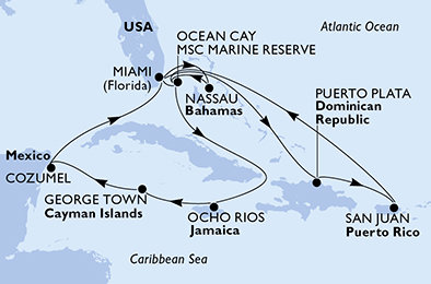 USA, Dominikánská republika, Bahamy, Jamajka, Kajmanské ostrovy, Mexiko z Miami na lodi MSC Seascape