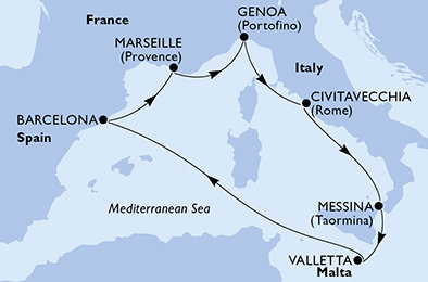 Francie, Itálie, Malta, Španělsko z Marseille na lodi MSC World Europa