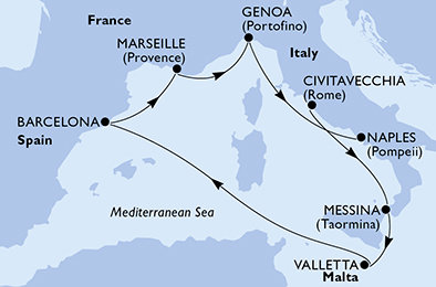 Itálie, Malta, Španělsko, Francie z Civitavecchia na lodi MSC World Europa