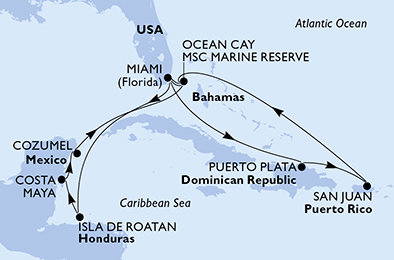 USA, Honduras, Mexiko, Bahamy, Dominikánská republika z Miami na lodi MSC World America