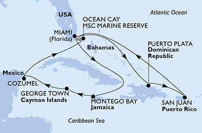 USA, Jamajka, Kajmanské ostrovy, Mexiko, Bahamy, Dominikánská republika z Miami na lodi MSC Seascape