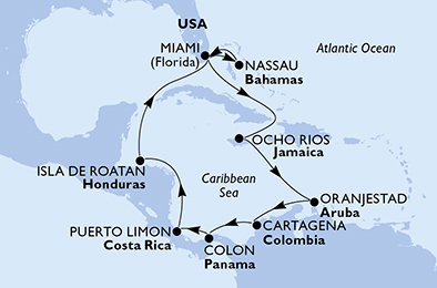 USA, Bahamy, Jamajka, Aruba, Kolumbie, Panama, Kostarika, Honduras z Miami na lodi MSC Divina