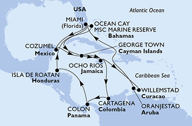 USA, Kajmanské ostrovy, Jamajka, Kolumbie, Panama, Honduras, Bahamy, Mexiko, Curacao, Aruba z Miami na lodi MSC Divina