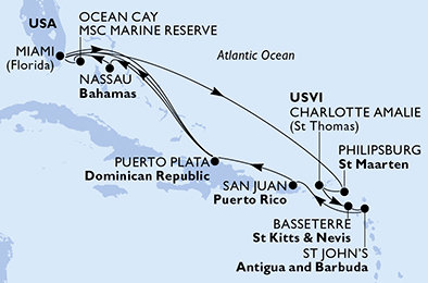 USA, Svatý Martin, Svatý Kryštof a Nevis, Antigua a Barbuda, Dominikánská republika, Bahamy z Miami na lodi MSC Divina