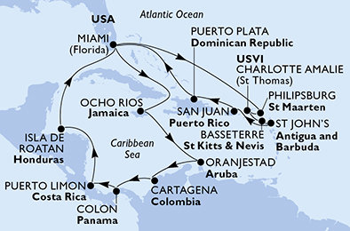 USA, Jamajka, Aruba, Kolumbie, Panama, Kostarika, Honduras, Svatý Martin, Svatý Kryštof a Nevis, Antigua a Barbuda, Dominikánská republika z Miami na lodi MSC Divina