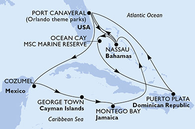 USA, Bahamy, Dominikánská republika, Mexiko, Kajmanské ostrovy, Jamajka z Port Canaveralu na lodi MSC Grandiosa