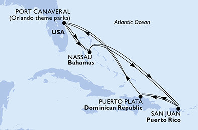 USA, Bahamy, Dominikánská republika z Port Canaveralu na lodi MSC Grandiosa