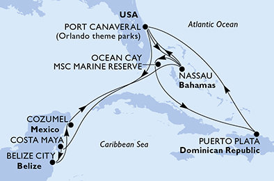 USA, Bahamy, Dominikánská republika, Mexiko, Belize z Port Canaveralu na lodi MSC Grandiosa