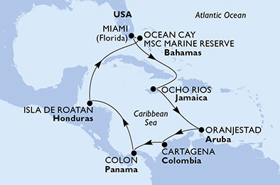 USA, Jamajka, Aruba, Kolumbie, Panama, Honduras, Bahamy z Miami na lodi MSC Divina