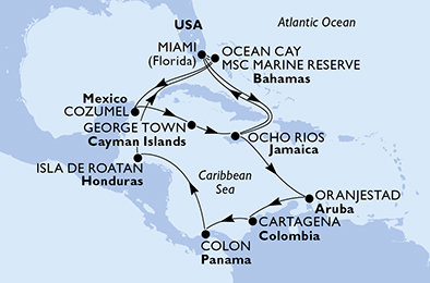 USA, Bahamy, Mexiko, Kajmanské ostrovy, Jamajka, Aruba, Kolumbie, Panama, Honduras z Miami na lodi MSC Divina