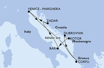 Itálie, Řecko, Chorvatsko, Černá Hora z Benátek na lodi MSC Opera