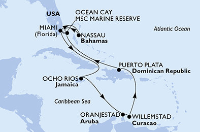 USA, Jamajka, Aruba, Curacao, Dominikánská republika, Bahamy z Miami na lodi MSC Divina