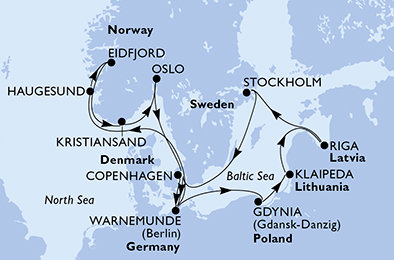 Německo, Polsko, Litva, Lotyšsko, Švédsko, Dánsko, Norsko z Warnemünde na lodi MSC Poesia