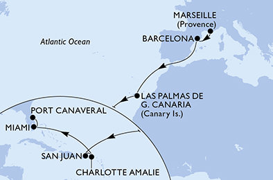 Francie, Španělsko, USA z Marseille na lodi MSC Grandiosa