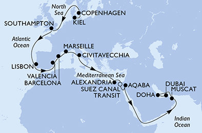 Německo, Dánsko, Velká Británie, Portugalsko, Španělsko, Francie, Itálie, Egypt, Jordánsko, Omán, Katar, Spojené arabské emiráty z Kielu na lodi MSC Euribia