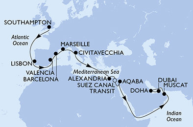 Velká Británie, Portugalsko, Španělsko, Francie, Itálie, Egypt, Jordánsko, Omán, Katar, Spojené arabské emiráty ze Southamptonu na lodi MSC Euribia