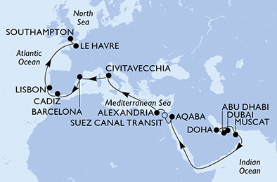 Spojené arabské emiráty, Katar, Omán, Jordánsko, Egypt, Itálie, Španělsko, Portugalsko, Francie, Velká Británie z Dubaje na lodi MSC Euribia