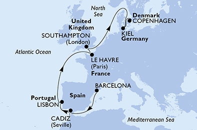 Španělsko, Portugalsko, Francie, Velká Británie, Německo, Dánsko z Barcelony na lodi MSC Euribia