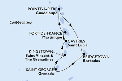 Martinik, Guadeloupe, Barbados, Grenada, Svatý Vincenc a Grenadiny, Svatá Lucie z Fort-de-France, Martinik na lodi MSC Virtuosa