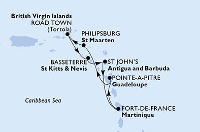 Martinik, Guadeloupe, Svatý Martin, Britské Panenské ostrovy, Svatý Kryštof a Nevis, Antigua a Barbuda z Fort-de-France, Martinik na lodi MSC Virtuosa