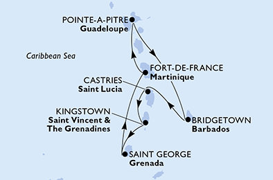 Martinik, Guadeloupe, Barbados, Svatá Lucie, Svatý Vincenc a Grenadiny, Grenada z Fort-de-France, Martinik na lodi MSC Virtuosa