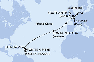 Martinik, Guadeloupe, Svatý Martin, Portugalsko, Německo, Francie, Velká Británie z Fort-de-France, Martinik na lodi MSC Virtuosa