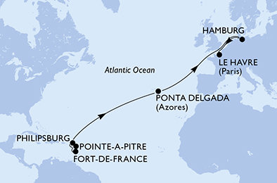 Martinik, Guadeloupe, Svatý Martin, Portugalsko, Německo, Francie z Fort-de-France, Martinik na lodi MSC Virtuosa