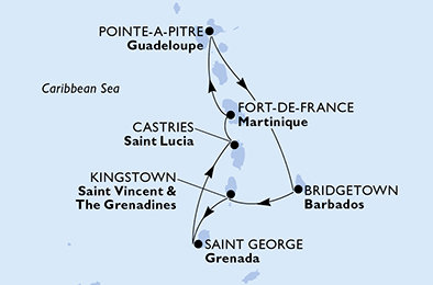 Guadeloupe, Barbados, Svatý Vincenc a Grenadiny, Grenada, Svatá Lucie, Martinik z Pointe-à-Pitre, Guadeloupe na lodi MSC Virtuosa